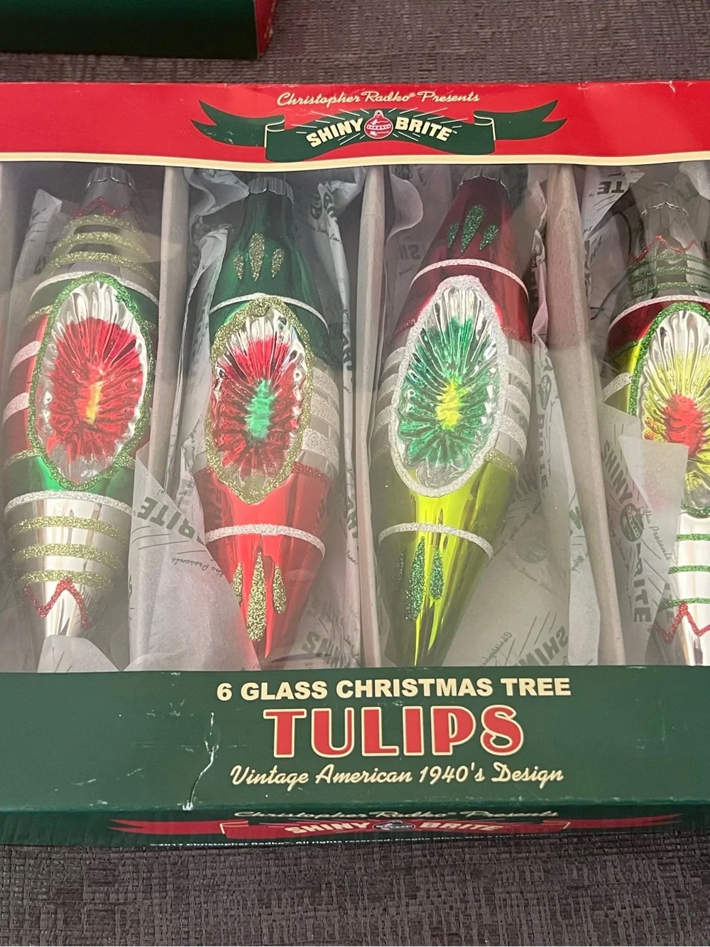Christopher Radko Red and Green Vintage design ornaments. Lot of 4 boxes